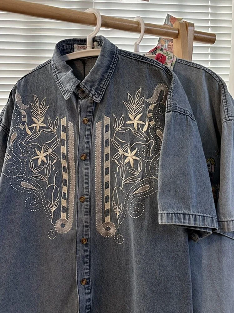 

Vintage Flower Embroidery Jean Shirt Men Women Cotton Summer Casual Harajuku Denim Shirt Short Sleeve Male Streetwear