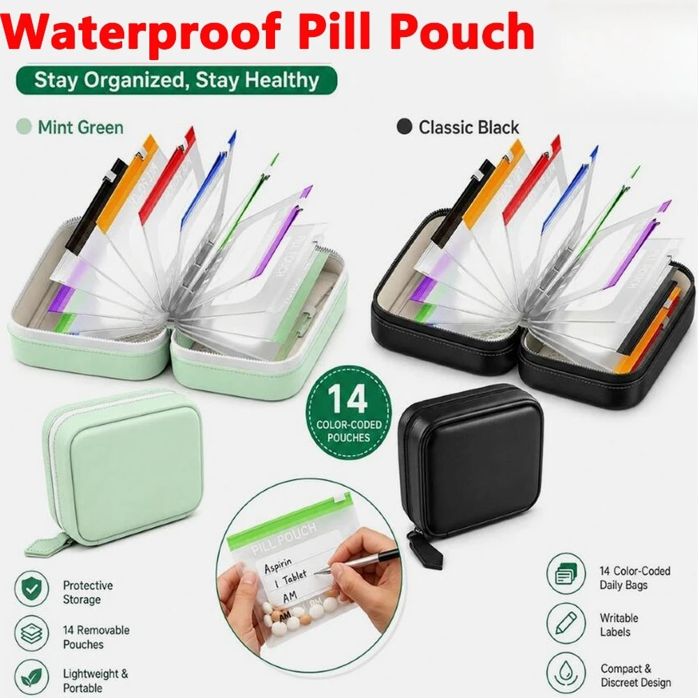 Set di Portapillole Impermeabili – 14 Bustine Codificate per Colore, Etichette Scrivibili – per Medicinali Quotidiani, Vitamine e Integratori