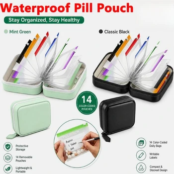 Set di Portapillole Impermeabili – 14 Bustine Codificate per Colore, Etichette Scrivibili – per Medicinali Quotidiani, Vitamine e Integratori