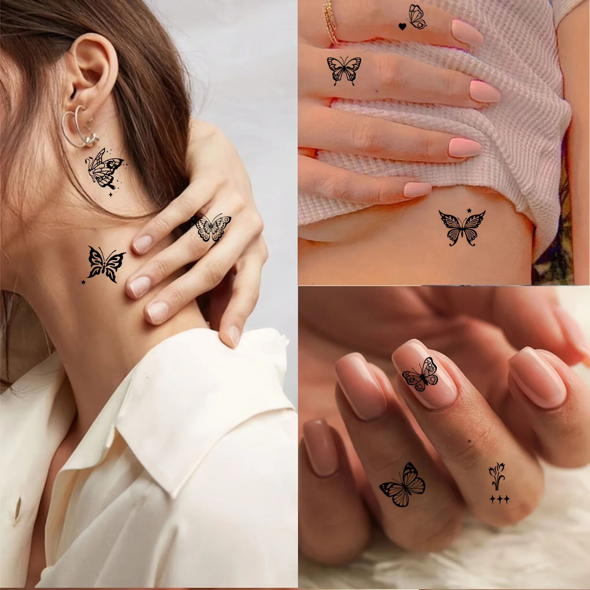 60pcs/set Women Girls Long Lasting Tattoos Sticker Butterfly Quote Flower Tiny Heart Fake Temporary Tattoo Adhesive for Clavicle