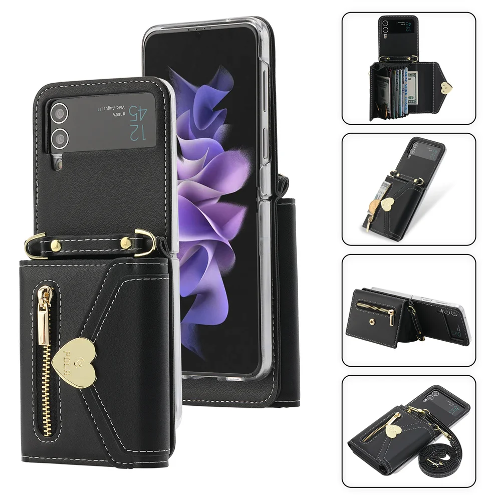 

Роскошный модный дизайнерский чехол-кошелек на молнии для Samsung Galaxy Z Flip 4/Z Flip 3, чехол-книжка через плечо с подставкой и держателем для карт, сумка для телефона