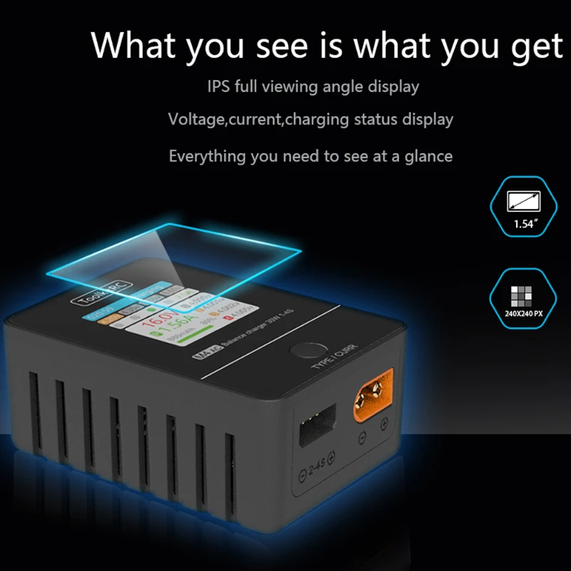 ToolkitRC M4AC 1-4S Lipo LiHV Зарядное устройство 30 Вт с IPS-дисплеем Интерфейс XT30/XT60 для батареи Lipo RC Racing FPV Drone thumbnail 4