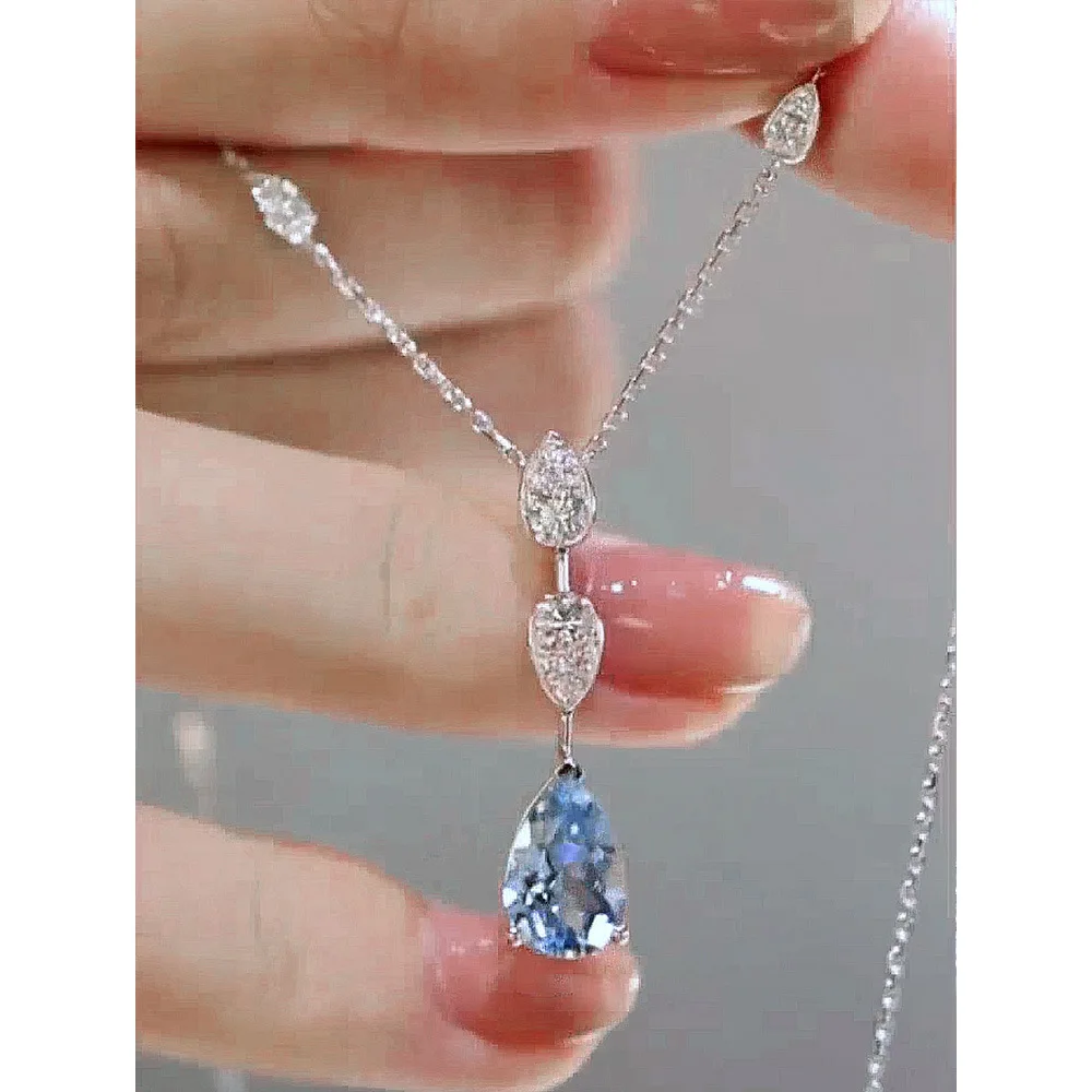 

S925 Silver Accessories Fashion Water Drop Pendant Necklace Blue Opal Crystal Egirl Sweet Cool Clavicle Chain Aesthetic Jewelry