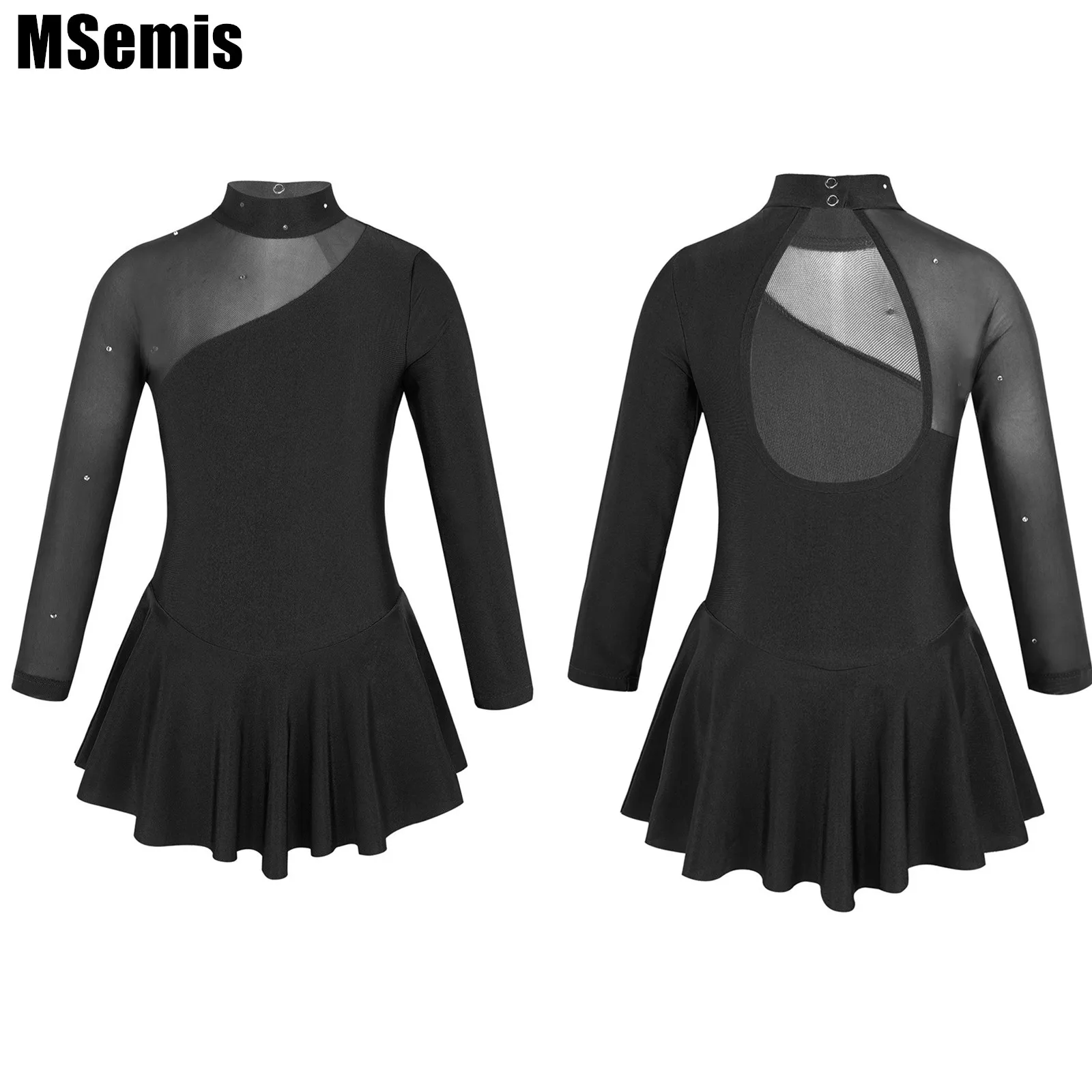 

Kids Girls Tulle Splice Ballet Dance Dress Mock Neck Cutouts Back Long Sleeves Figure Ice Skating Roller Skating Leotard Dress