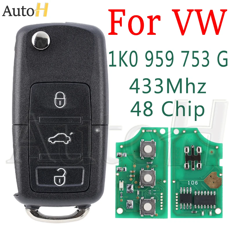 Car Remote Key 1K0 959 753 G for VW VOLKSWAGEN Golf Jetta Caddy EOS SIROCCO Tiguan Touran Skoda HU66 433Mhz Smart key ID48 chip