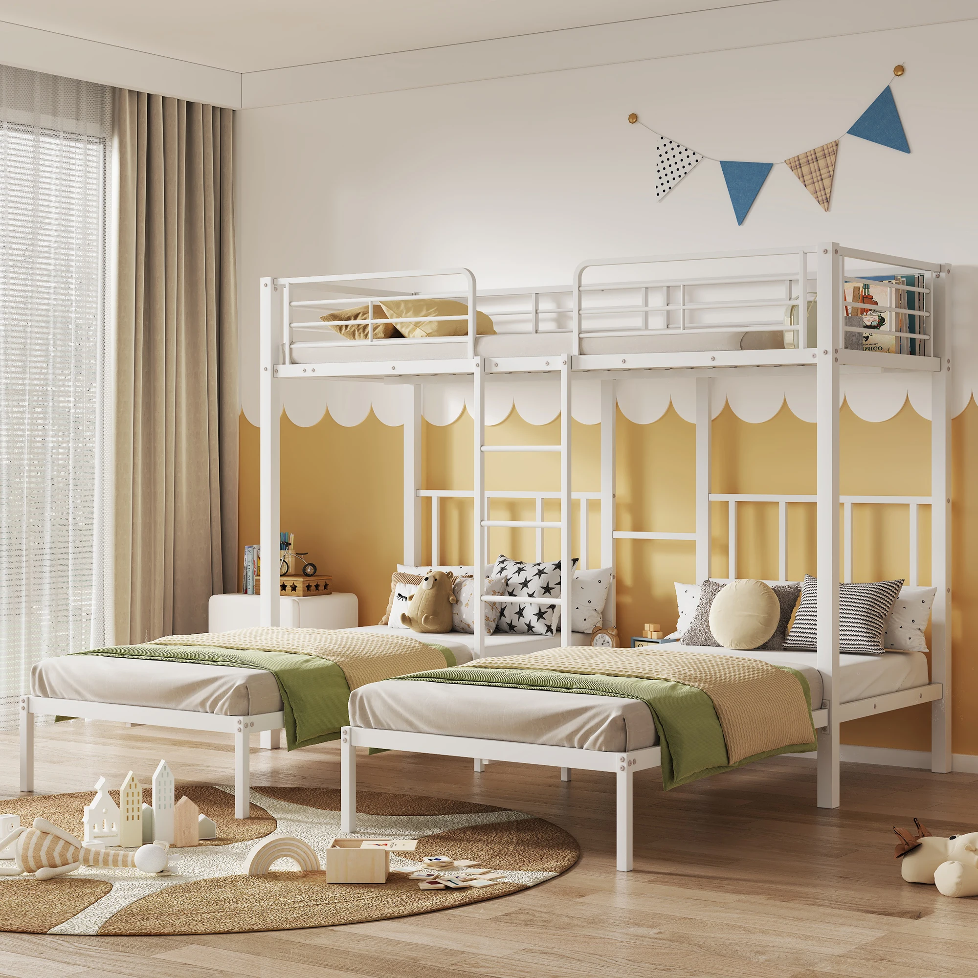 Dreifachbett, Dreifach-Etagenbett mit Leiter für Kinder und Jugendliche, Eisenbett mit Fallschirmgitter und Tisch, Weiß 90x200cm*3 – Detail 1