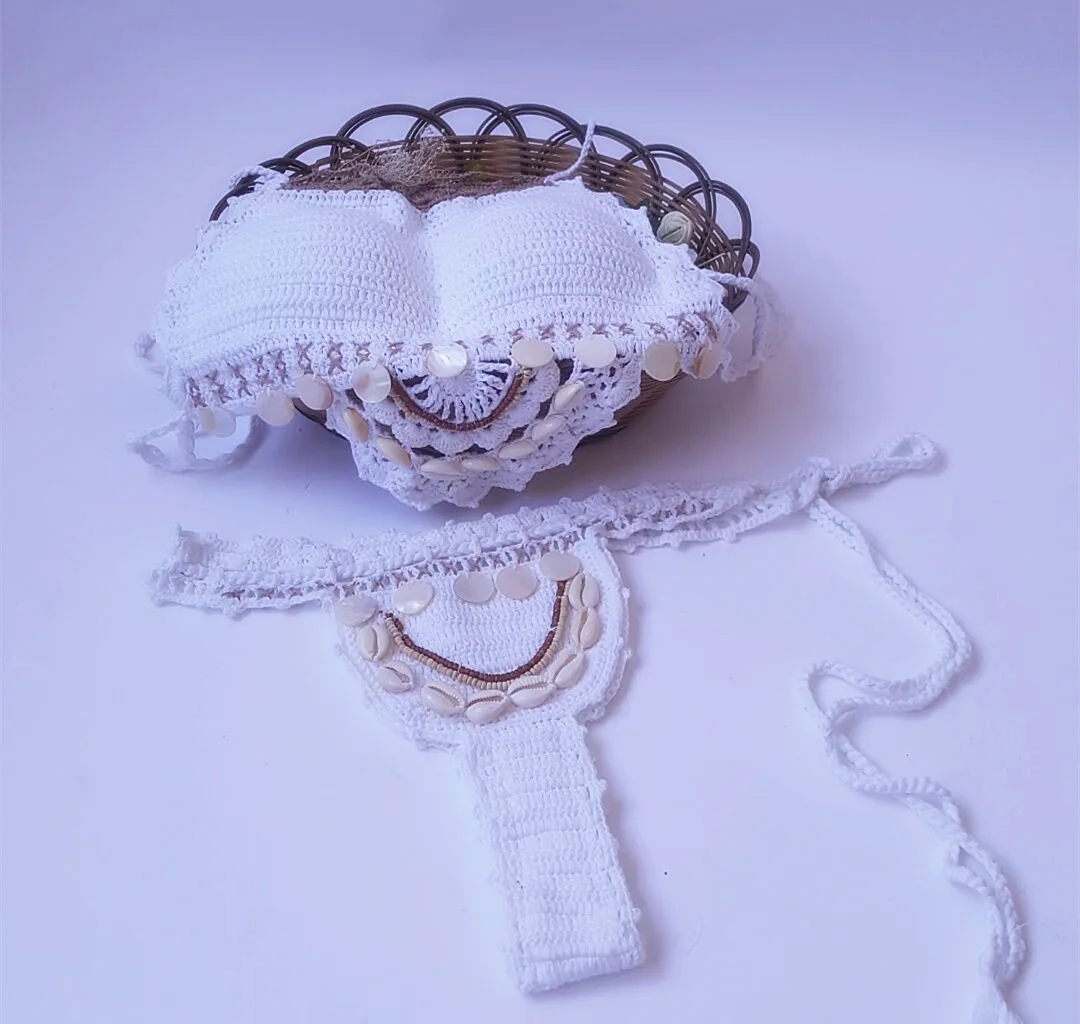 Hand-crocheted Sexy Little Girl Beach Casual Vacation Creative Shell Metal Sequin Embellished Split Body Bikini Set