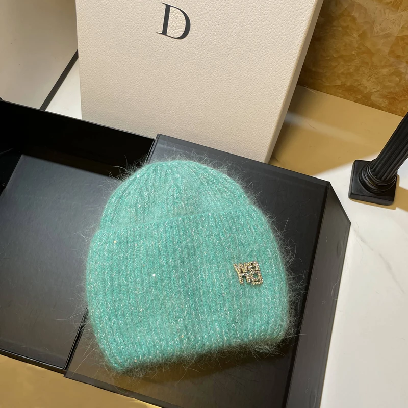 

New Winter Letter Angora Rabbit Fur Beanie Women Fashion Rhinestones Sequins Skullies Hat Female Soft Glutinous Warm Knitted Cap