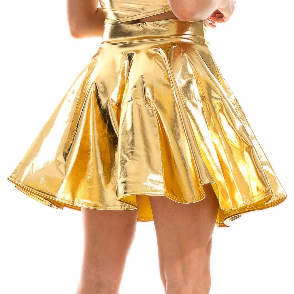 Women Sexy Metallic Mini Pleated Skirt Laser PU Leather Shiny