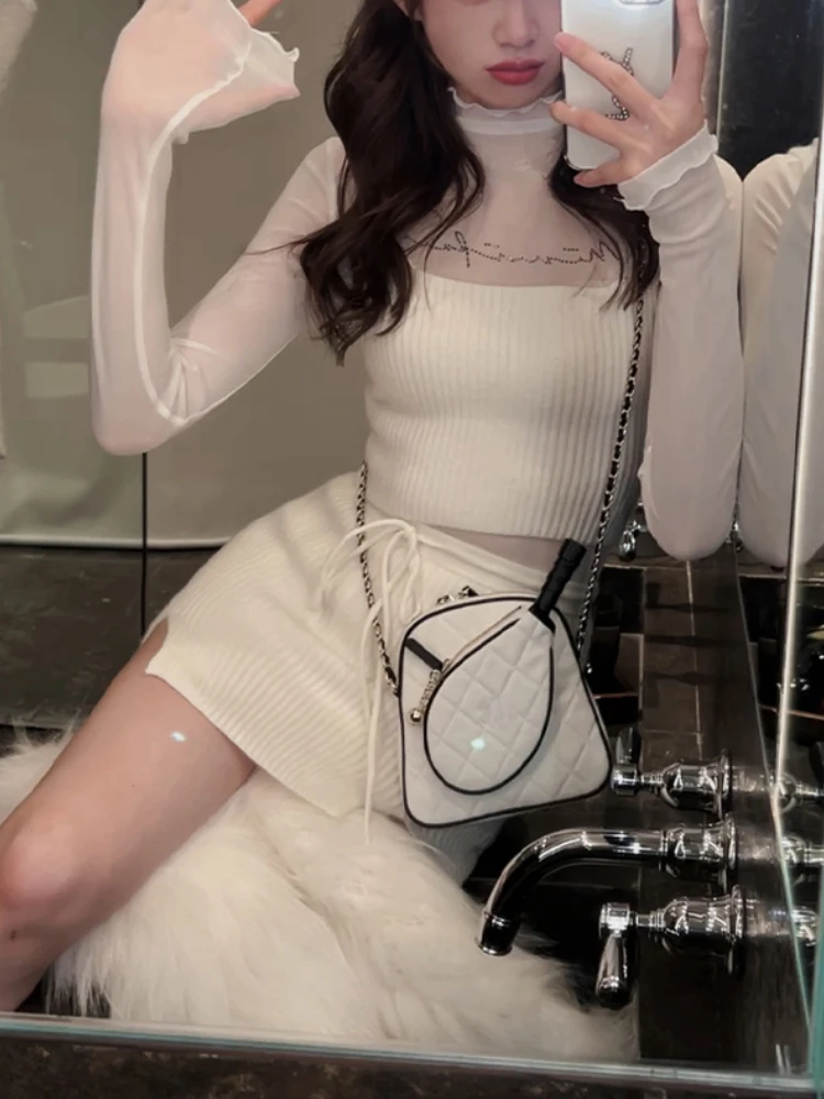 

Autumn Knitted Suit Sexy Vest+ Elegant Mini Skirt Women Pure Color Korean Crop Tops Office Lady Y2k Clothes 3 Piece Dress Set