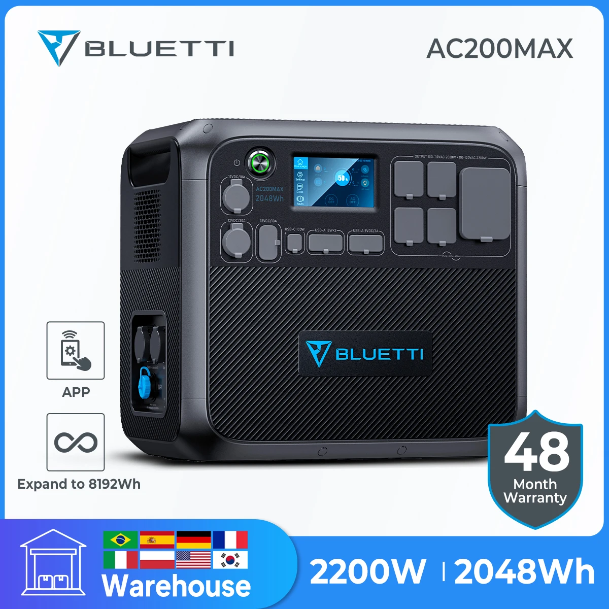 Bluetti Ac200Max 2048Wh 2200W Centrale Elettrica Portatile Lifepo4 Batteria Generatore Solare Per Campeggio All'Aperto Uso Domestico Emergenza，Batteri