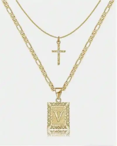Letter Necklace Layered Initial Cross Necklace, Layering Square Letter Pendant Figaro Chain Cross Choker  for Women Girls
﻿ - Image 30
