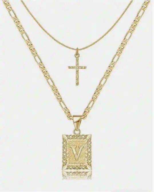 Letter Necklace Layered Initial Cross Necklace, Layering Square Letter Pendant Figaro Chain Cross Choker  for Women Girls
﻿ - Image 30