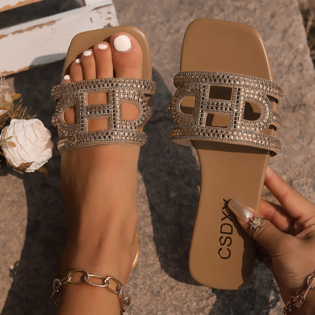 

2024 Large Size Crystal Bow Women Slippers Fashion Open Toe Flat-heeled Slippers Women Summer Casual Slides Female Flip Flops
