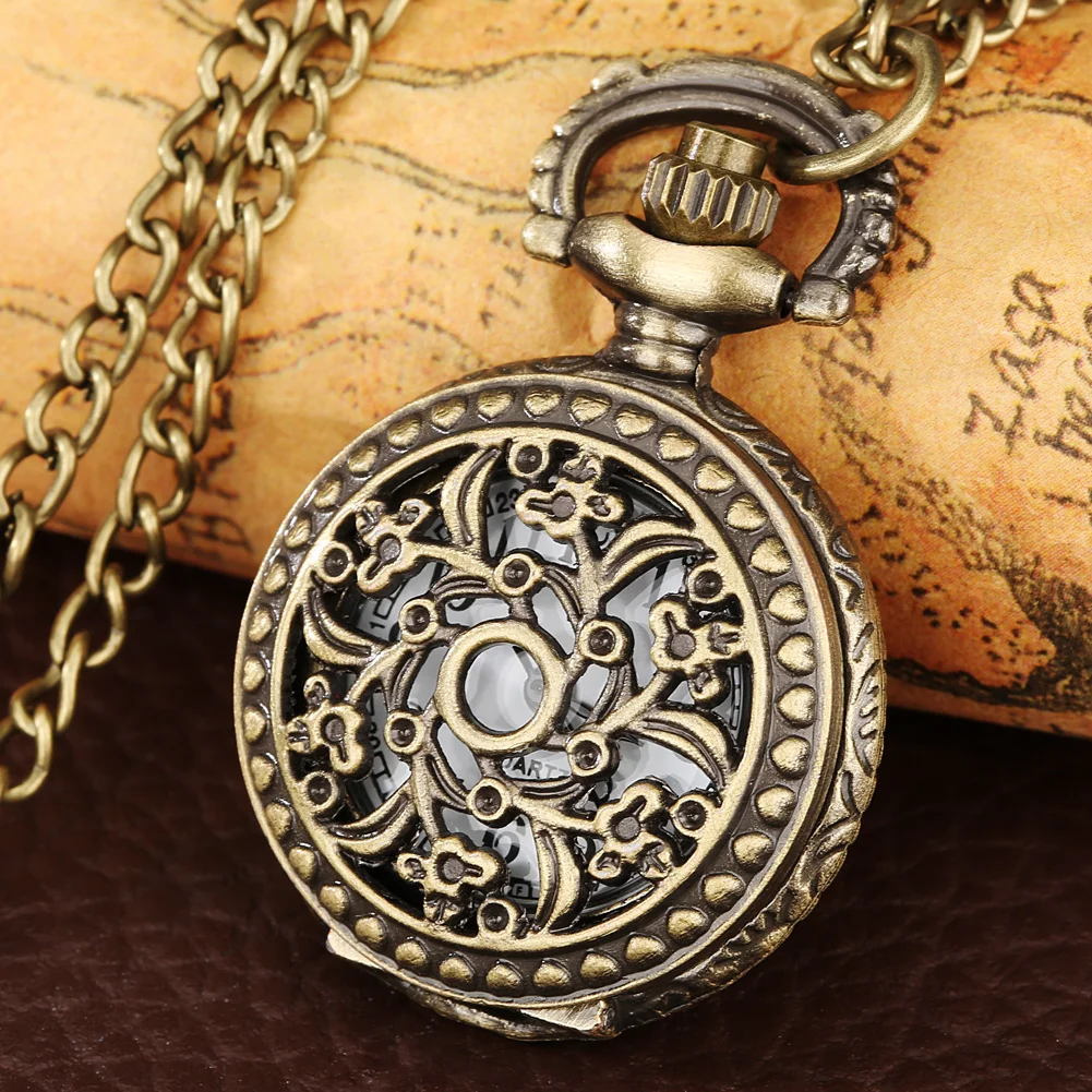 

Openwork Floral Case Clock Vintage Quartz Pocket Watches Arabic Numerals Round Dial Bronze Pocket Watch Necklace Women Men Gifts