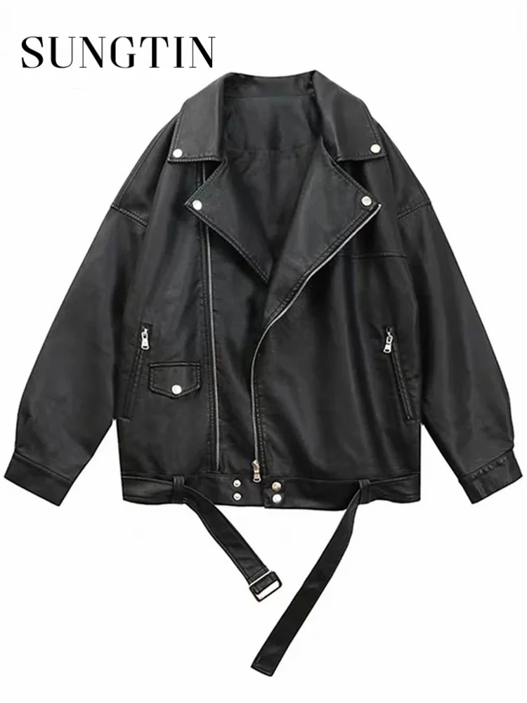 

Women Loose Pu Leather Jacket Black Soft Faux Leather Jacket Street Moto Biker Leather Coat Jacket Lady Casual Outerwear