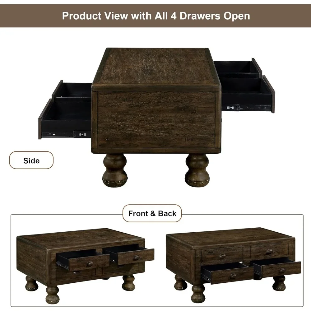 Coffee Table, 40-Inch Cocktail Tables Living Room Center Tables with 4 Storage Drawers, Coffee Table 3