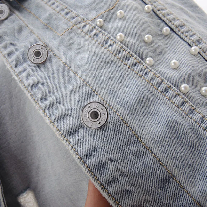 Women's Korean Style Lace Beaded Denim Vest Denim Waistcoat Fashion Cardigan Sleeveless Cropped Top Loose Plus Size Ripped Vest