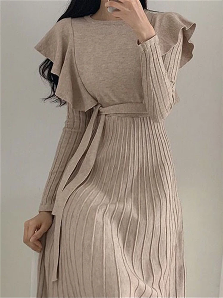 

Женское трикотажное платье-свитер, однотонное теплое плотное платье в винтажном стиле, Осень-зима 2022