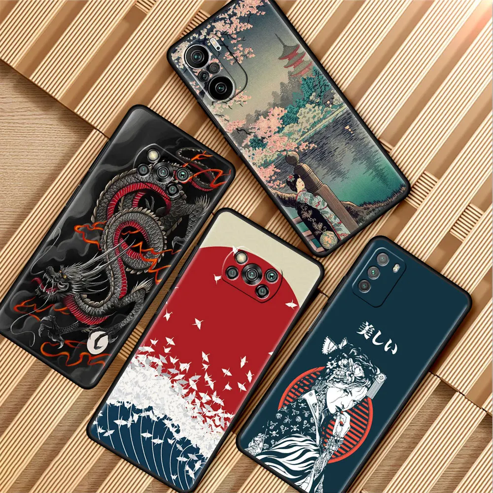 

Japanese Style Art Japan Black Case For Xiaomi Mi Poco X3 X4 NFC Pro M3 F4 GT F1 11T 11 Lite for Redmi Note 10 8 9S Phone fundas