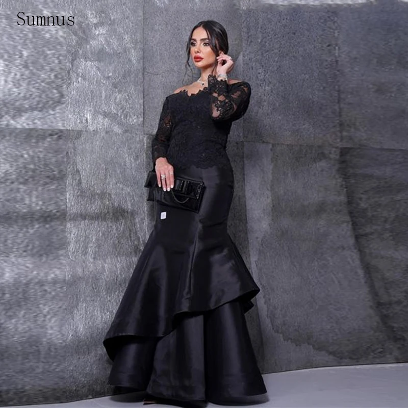 

Sumnus Elegant Black Prom Dress Mermaid Long Sleeves Lace Appliques Stain Party Dresses Vestidos De Gala Robes De Soirée 2023