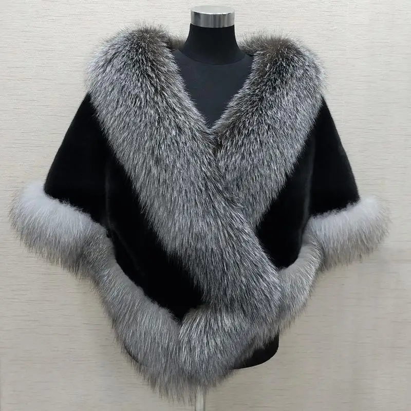 

Fur Shawl Coat for Women Winter New Imitated Mink Fox Fur V-neck Cheongsam Wedding Cape Thickened Short Sleeveless Basic Color