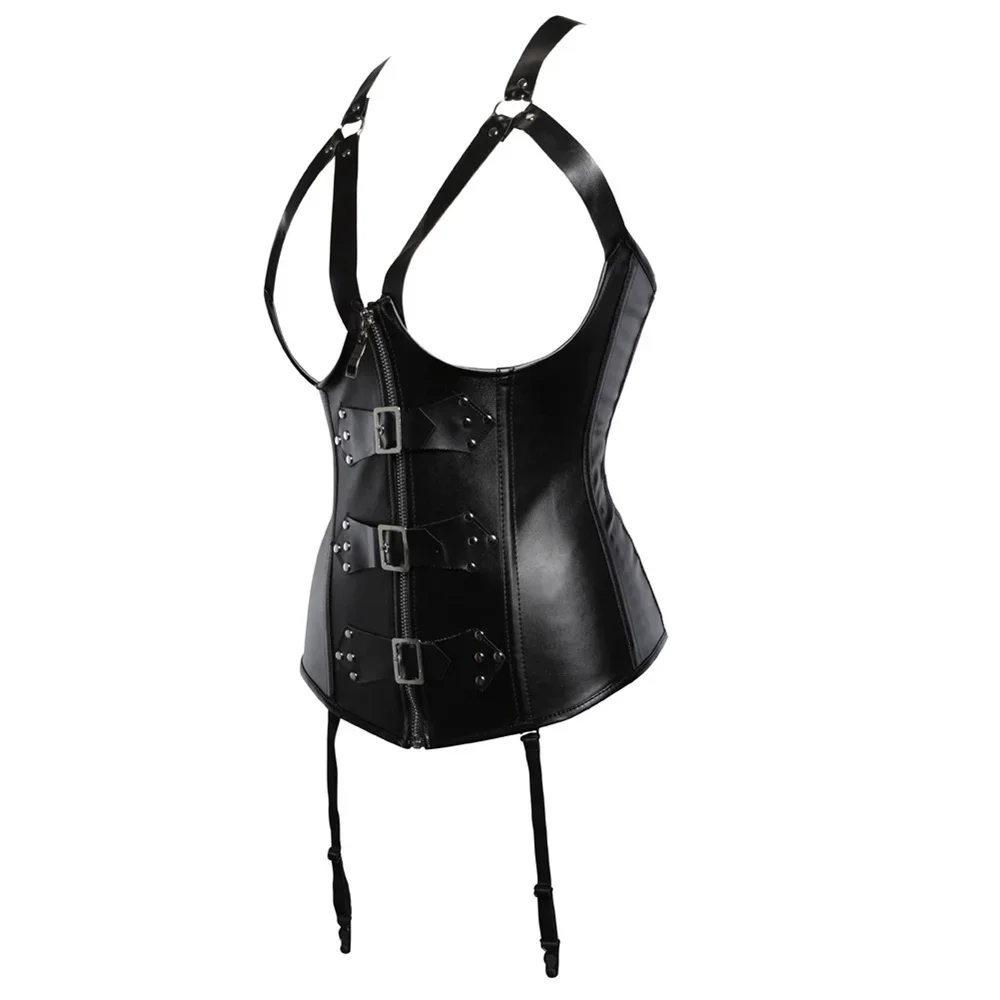 Faux Leather Underbust Corset with buckle accents and a front zipper closure