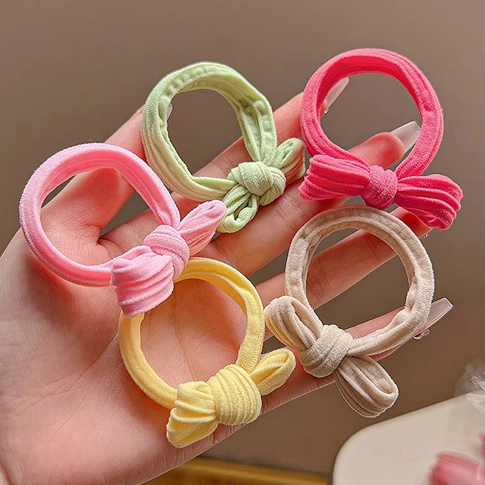 5pcs/Set Candy Color Bow Hair Rope High Elastic Seamless