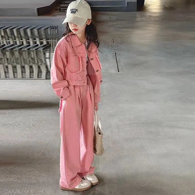 Çocuk Giyim Setleri Denim Ceket ve Geniş bacak Pantolon 2 adet Setleri Çocuk Giysileri Kız Kıyafet Seti Çocuklar Butik Giysiler