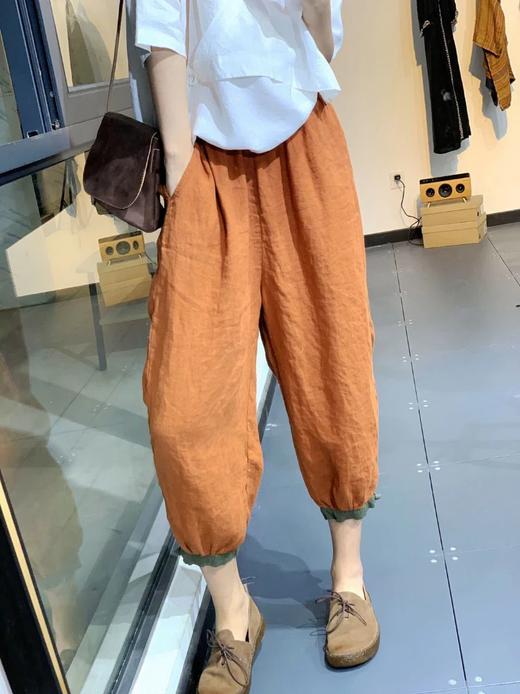 

2022 Summer New Style Literary Style Contrast Color Harem Pants Loose Casual Show Thin Foot Plate Buckle Cotton and Linen Pants