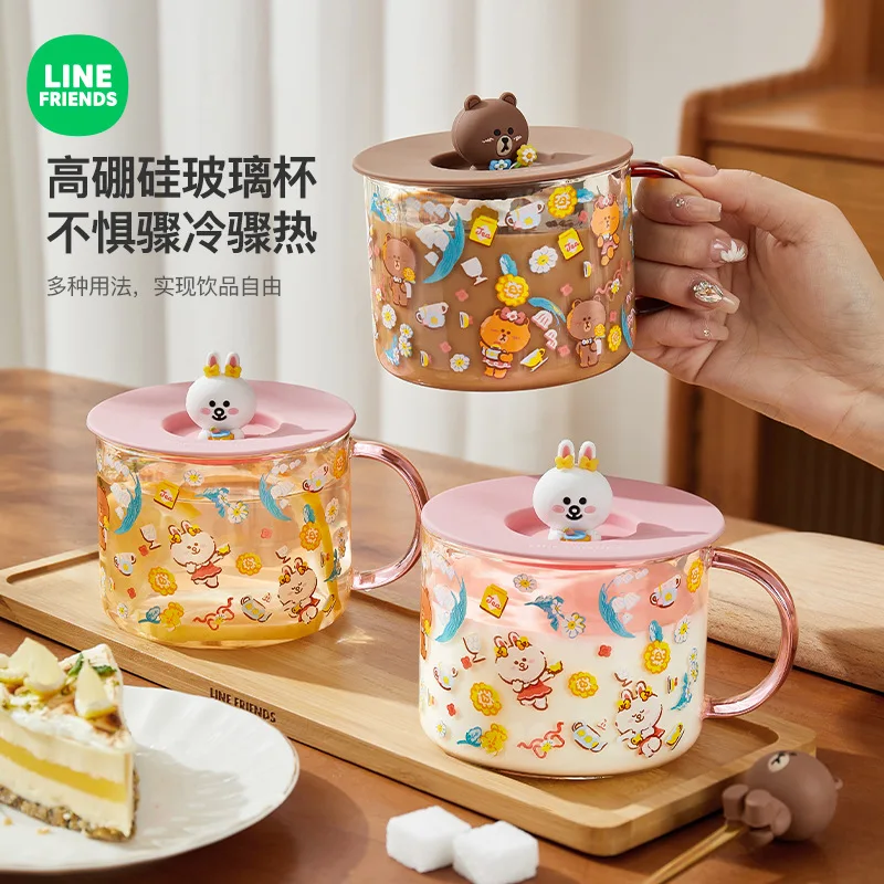 

LINE FRIENDS Brown Anime Kawaii Glass Cup 2024 New Lid Summer Girl Cartoon Cute Cony Home Coffee Milk Flower Tea Water Cup Gift
