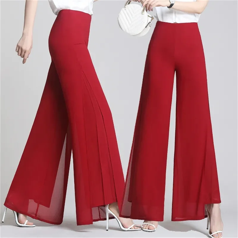 2025 New Summer White Drape Chiffon Wide-Leg Pants Casual Chiffon Trousers Pants Women Clothing Loose High Waist Slim Skirt