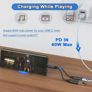 사무용 필수품 2-in-1 USB-C OTG 어댑터(PD 고속 충전 기능 포함), Type-C(수) - USB-A + Type-C(암) 분배기, 호환 가능