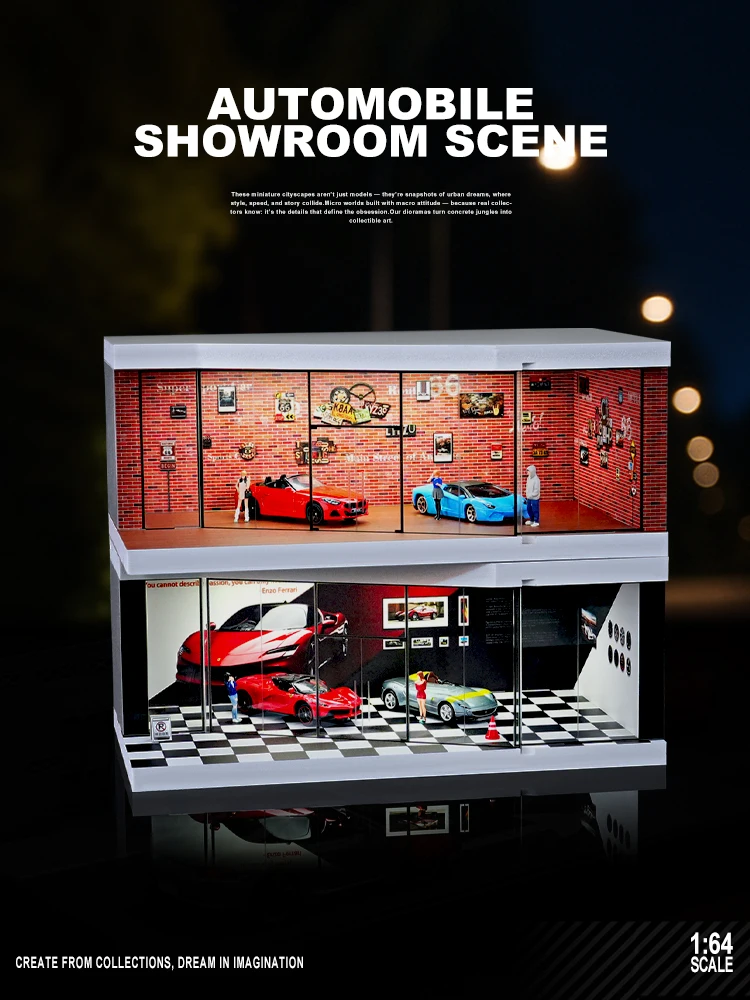 1/64 Auto Shop Miniature Scene Model Simulation Parking Lot with Lights Garage Storage Display Box 