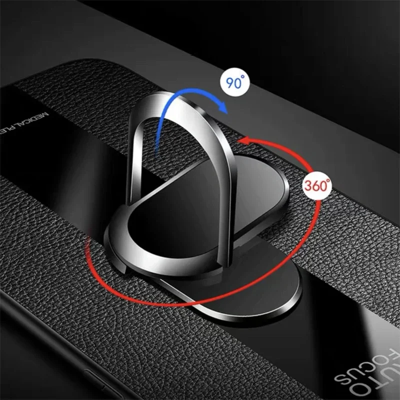 Plexiglass PU Leather Phone Case with Magnetic Metal Ring Stand - Shockproof Protective Back Cover