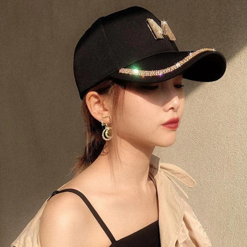 Women Gold Sequins Hip Hop Baseball Cap Diamond M Letter Visors Hats Korean Version Snapback