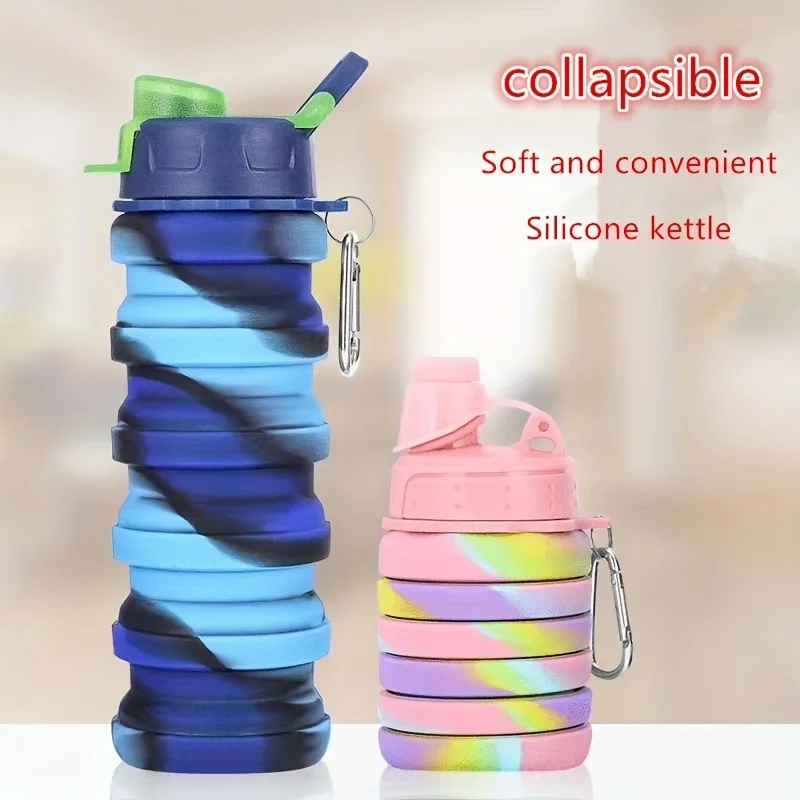 Sports Water Bottle Silicone Foldable Reusable Leakproof with Carabiner for Sports