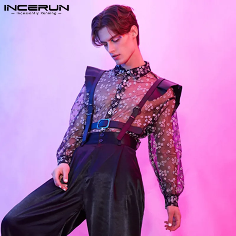 Men long sleeve casual shirt Fashion mesh printed lapel loose streetwear blouse Party Clubwear S-5XL