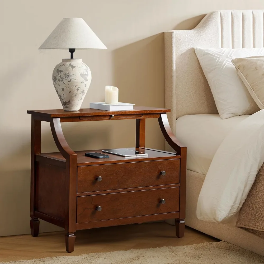 Wood Nightstand with Charging Station, 2-Drawer Dresser with Wooden Legs, Mid-Century Modern Nightstand 6