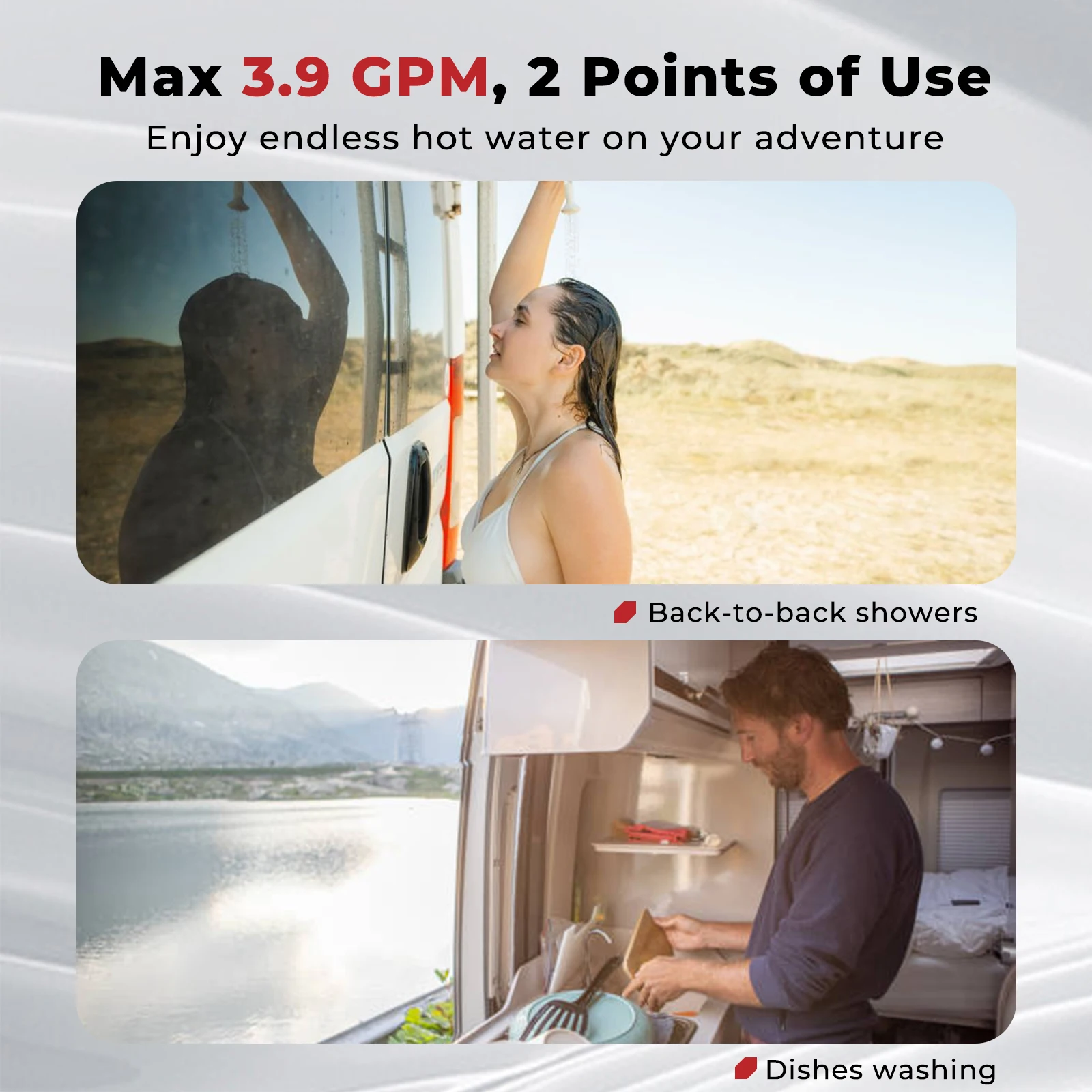 CAMPLUX RV Tankless Water Heater 65,000 BTU RE264 Max 3.9 GPM RV Propane Water Heaters for Mobile Home with White Door