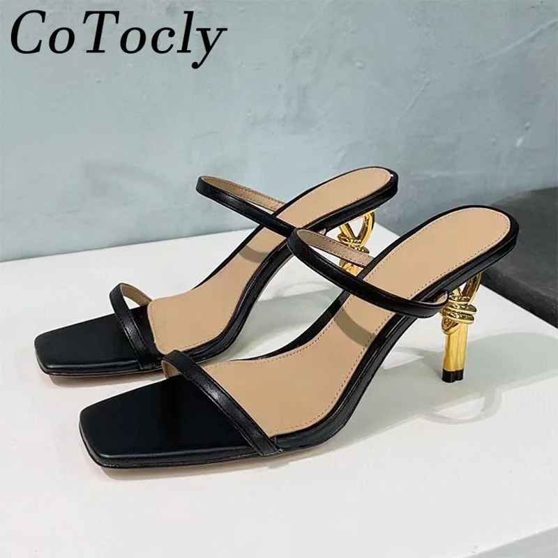 

Summer Metal Strange Style Heels Sandals Woman Genuine Leather Narrow Band Party Shoes Square Toe Slippers Women Sandalias Mujer