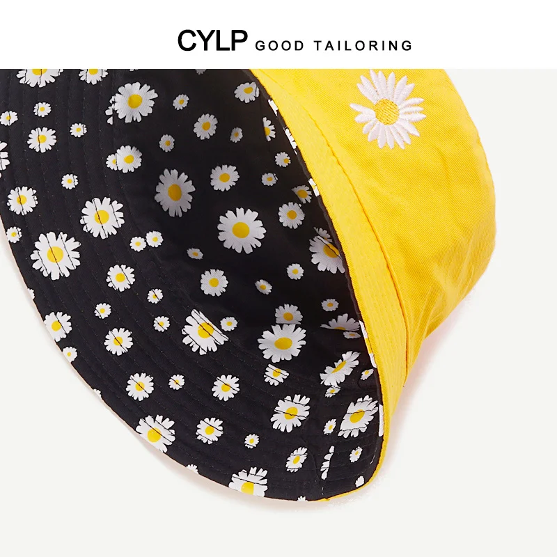 Summer Daisy Double-Sided Bucket Hats Women's Embroidery Hip Hop Panama Bob Caps Folded Beach Sun Fisherman Hat For Ladies