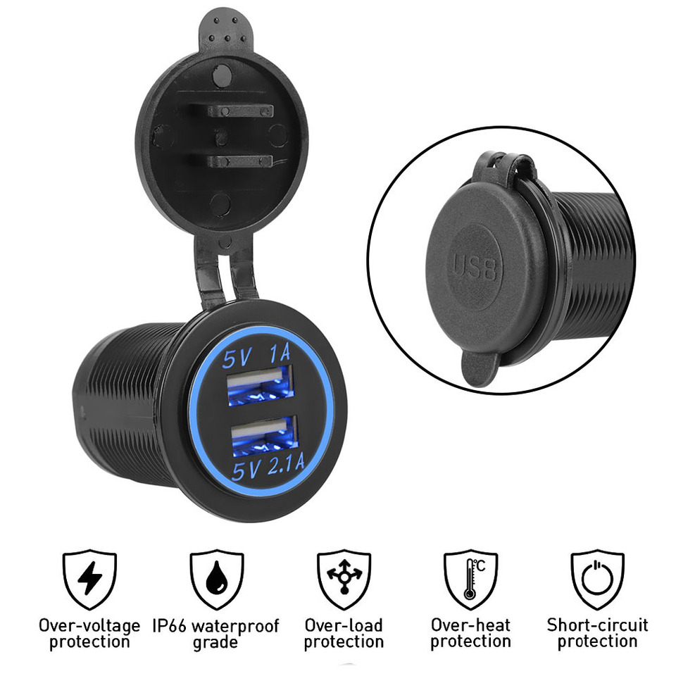 For Auto Marine Motorcycle Truck Waterproof Dual USB Charger 12-24V Power Socket 3.1A Outlet Adapter
