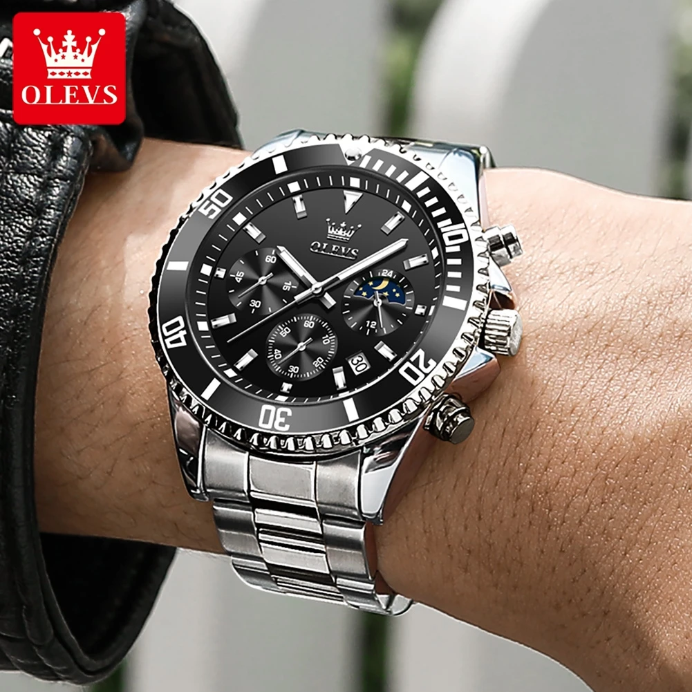OLEVS Men's Watches Luxury Stainless Steel Waterproof Watches for Men Luminous Big Dial Chronograph Moon Phase Quartz Wristwatch