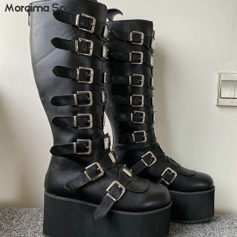 Pink Metal Belt Buckle Platform Boots Y2K Round Toe Heightened Thick-Soled Large Size Personality Fashion High-Top Women's Boots