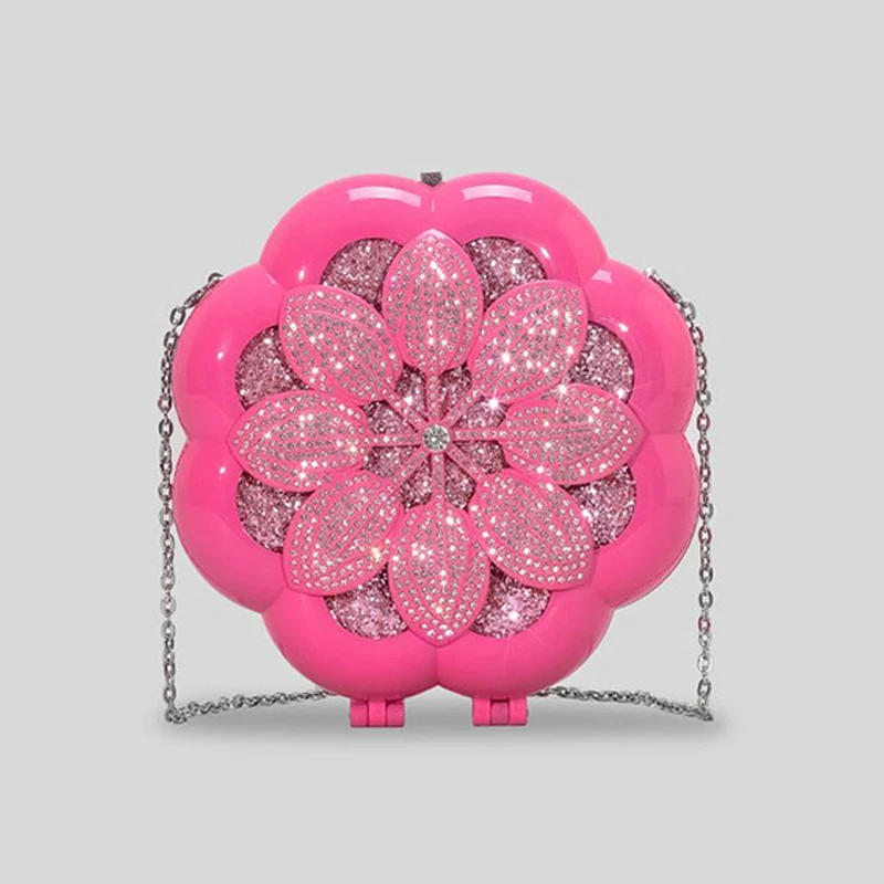 

Fashion Hollow Rhinestone Flower Clutch Bag Luxury Acrylic Round Shoulder Crossbody Bags Shinny Party Purses Elegant Evening Bag