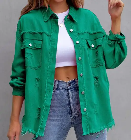 Women's Denim Jacket Coat Autumn Winter Coat 2023 Fashion Solid Color Polo Collar Raw Hem Pocket Design Long Sleeve Denim Coat