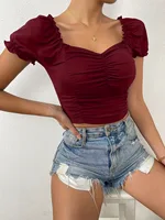 fashion square collar slim lace short-sleeved short T-shirt pleated design pure color top - Image 5