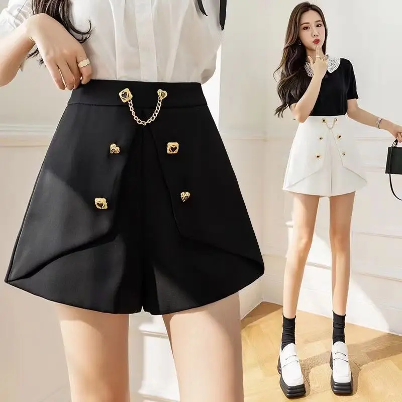 Women's Spring Autumn New Elastic Waist Black A-line Shorts Solid Color All-match Patchwork Shorts Elegant Fashion Clothing