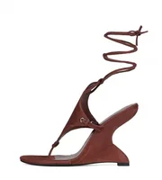 Sandales à talons compensés en daim marron, Sexy, à lacets, noires, talons hauts de 10cm, pour femmes, chaussures de luxe de styliste, à bout rabattable, nouvelle collection été 6